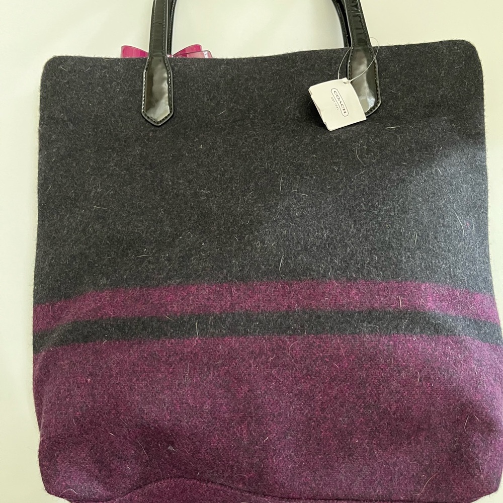 Coach Charcoal and Plum Wool Striped Tote Bag - Picture 2 of 7